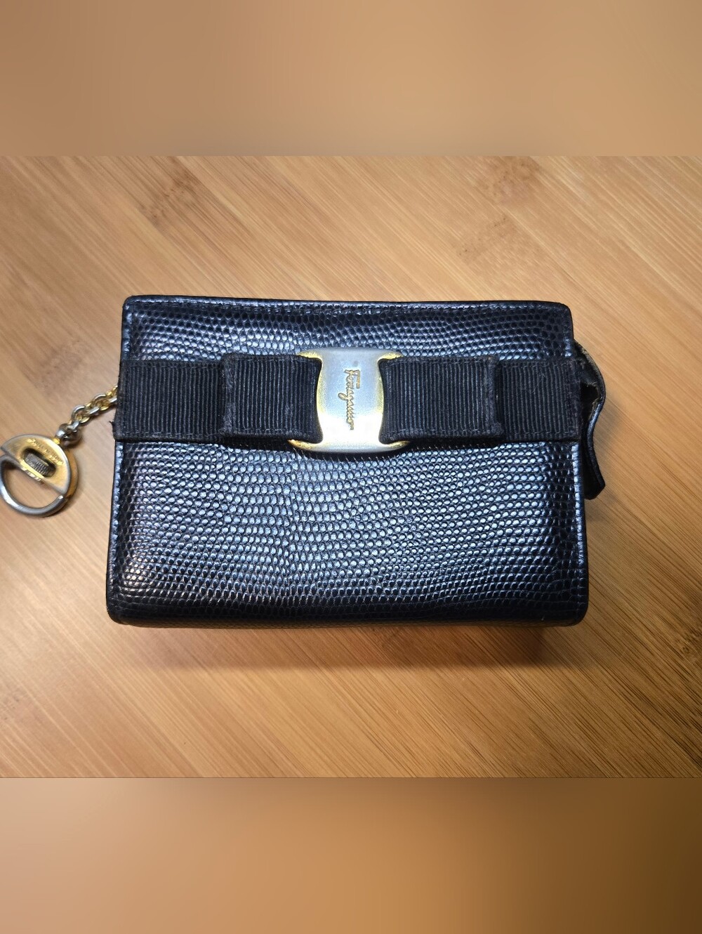 Salvatore Ferragamo Black Lizard Leather Vara Bow Wallet Coin And Key Holder